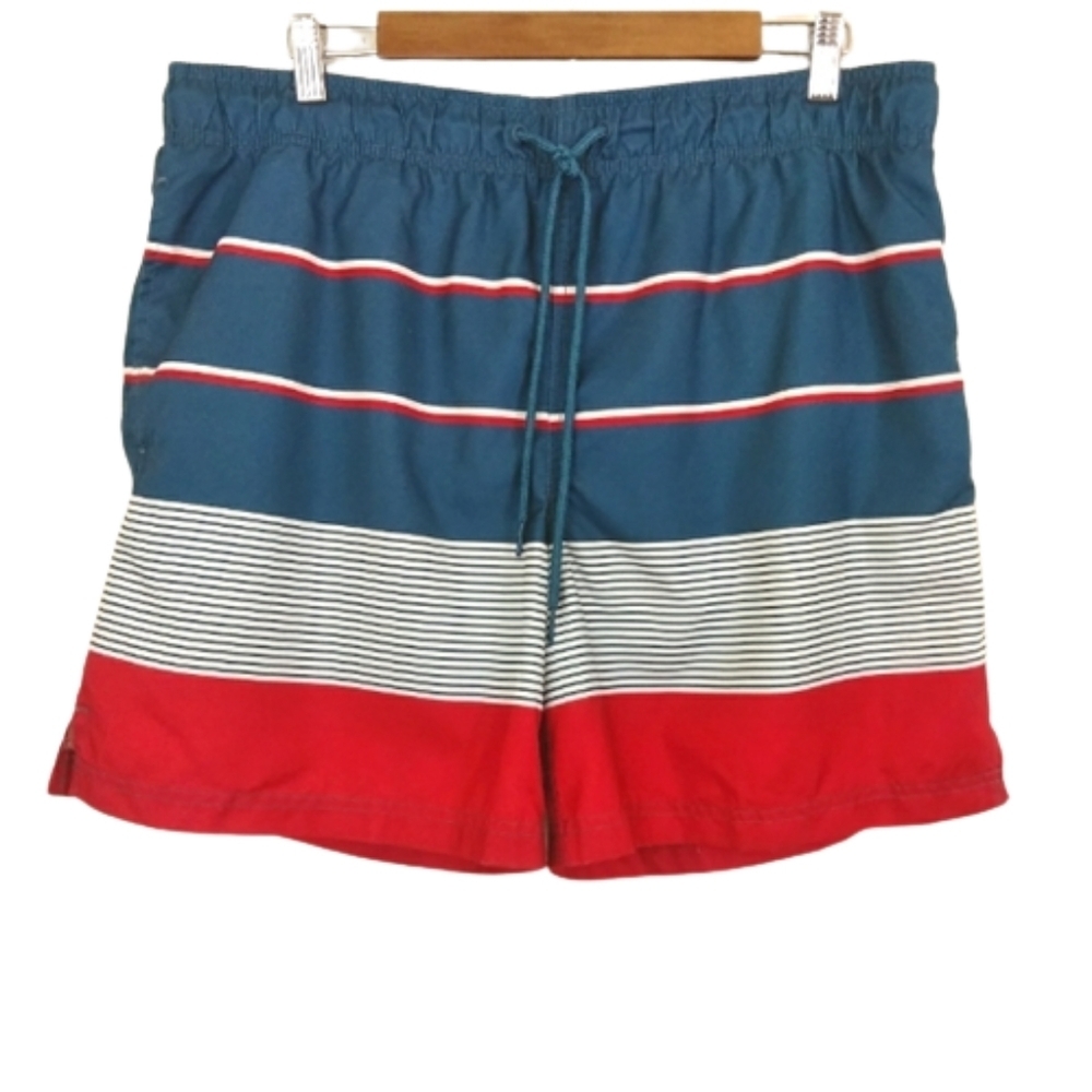 George Red & Navy Blue Striped Mens Large Swimsuit Trunks Bottoms